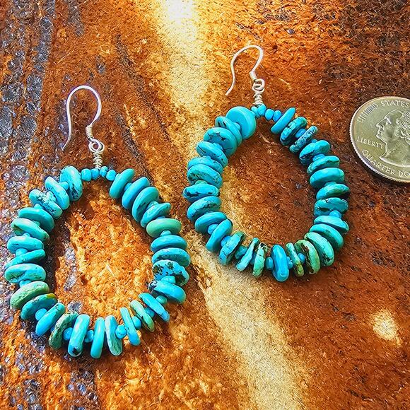 Sleeping Beauty Turquoise Sterling Silver Artisan Hoop Earrings - Picture 8 of 8
